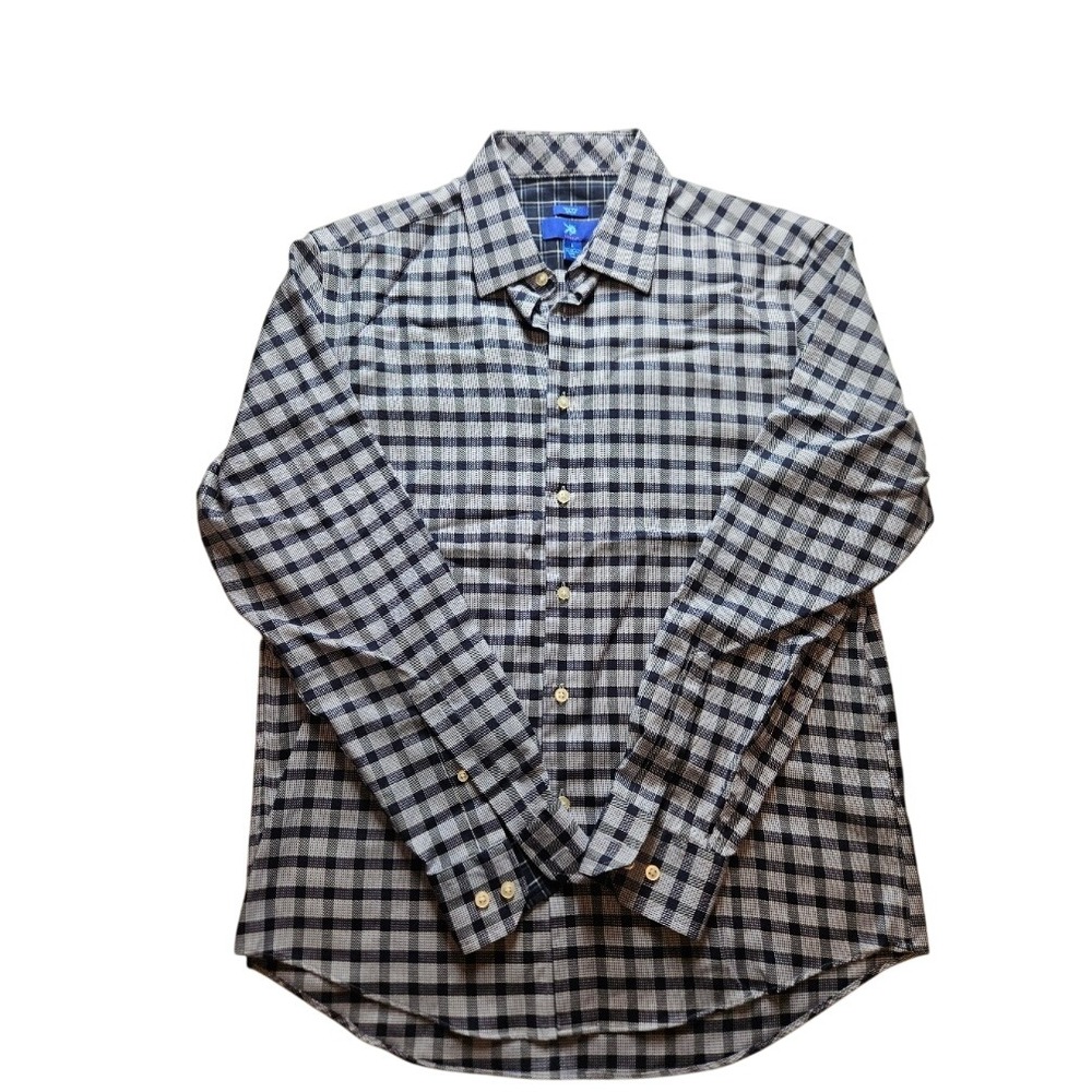 Egara Mens Navy Blue White Plaid Non Iron Slim Fit Button Down Shirt Large L